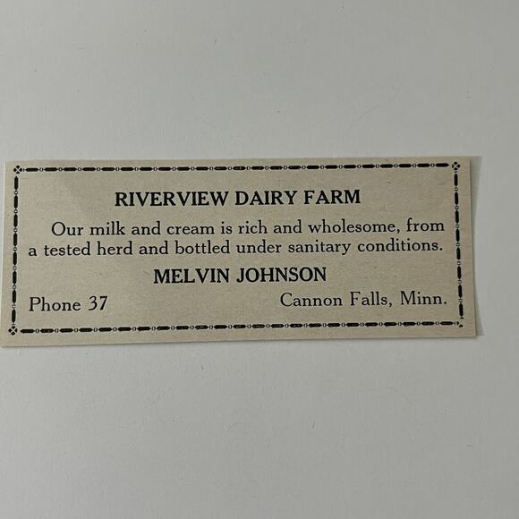 Riverview Dairy Farm Melvin Johnson Cannon Falls 1937 Cannon Falls MN Ad SAJ3-M3 - Picture 1 of 2